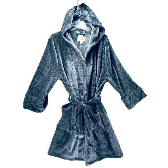 PJ Couture Hooded Plush Robe Belt Tie Quilted L/XL Gray Sleepware Pockets - Picture 1 of 13